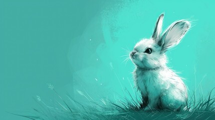  a digital painting of a white rabbit sitting in the grass looking up at something blue and green is in the background and the rabbit is looking up at the camera.