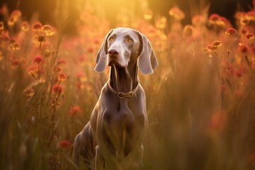 Weimaraner inu dog sitting in meadow field surrounded by vibrant wildflowers and grass on sunny day ai generated