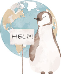 Penguin with a help sign and planet Earth illustration. Global warming concept. Climate change concept illustration. - 723295709
