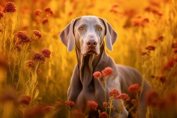 Weimaraner inu dog sitting in meadow field surrounded by vibrant wildflowers and grass on sunny day ai generated