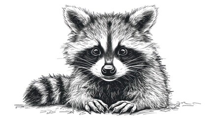  a black and white drawing of a raccoon laying on the ground with its paws on the ground, looking at the camera, with its eyes wide open.