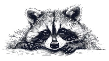 a black and white drawing of a raccoon resting its head on a piece of wood with it's paw resting on the edge of a piece of wood.