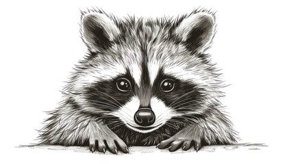  a black and white drawing of a raccoon looking over the edge of a wall with its paw resting on the edge of the edge of the raccoon.