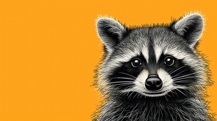  a close up of a raccoon's face on a yellow background with a black and white drawing of a raccoon's face on it.