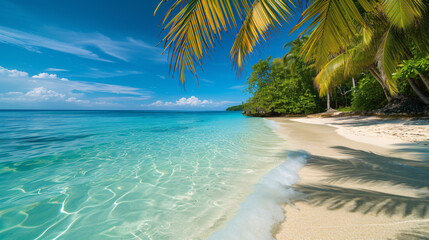 A vibrant tropical beach with crystal clear waters and palm trees swaying in the breeze.