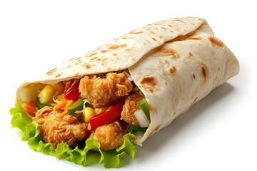 Close up of a white background with a tortilla wrap containing fried chicken and vegetables