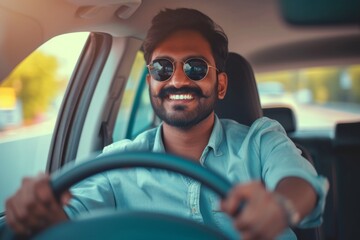 Fototapeta na wymiar Cheerful Indian Man In Shades Enjoys Driving Car, Evoking Transport And Sociable Vibes