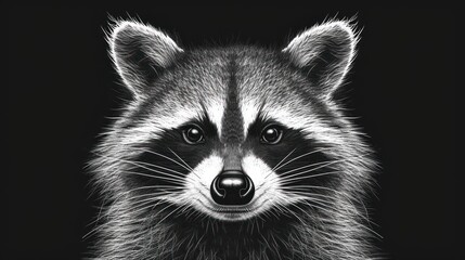  a close up of a raccoon's face in black and white, with a black background and the raccoon's head looking straight ahead.