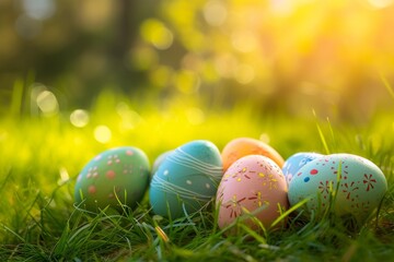 Fototapeta premium Vibrant Easter Eggs Arranged On Sunny Meadow With Ample Copy Space - Perfectly Symmetrical Photo, Centered Composition