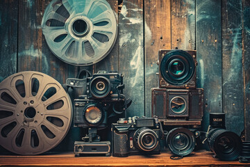 Fototapeta premium retro and nostalgic background with old film reels and vintage cameras