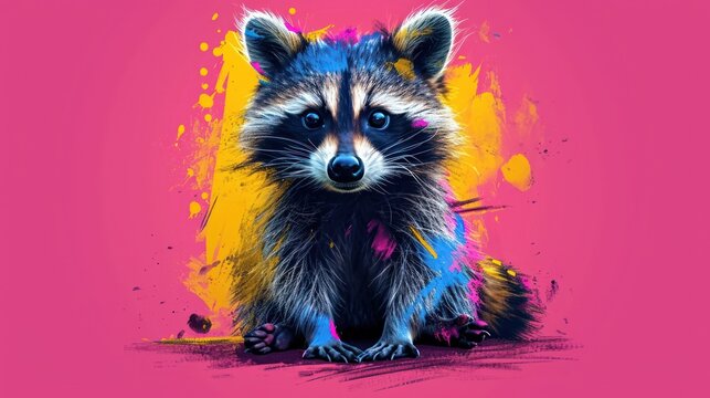  a painting of a raccoon sitting in front of a pink background with a splash of paint on the side of the raccoon's face and the raccoon's head.
