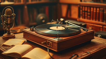 A vintage record player with a classic vinyl album spinning surrounded by old music notes and a retro microphone. - obrazy, fototapety, plakaty