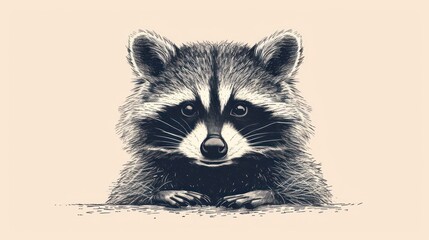  a drawing of a raccoon sitting on the ground with its paws on the ground, looking at the camera, with the raccoon's eyes wide open.