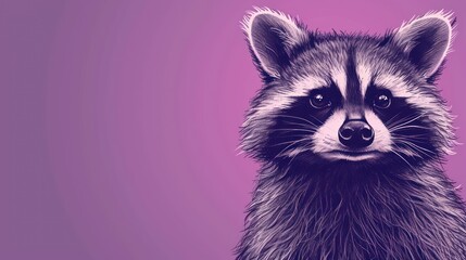  a close up of a raccoon's face on a purple background with a black and white image of a raccoon in the center of the image.