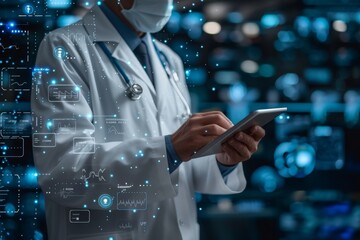 Connecting Globally for Online Health Services. Doctor Utilizing Digital Tablet and Laptop for Electronic Medical Records and Global Health Network Revolutionizing Healthcare