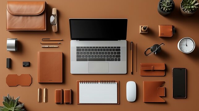 A minimalist workspace with a sleek brown background, showcasing a designer's digital tools, sketchpad, and creative essentials. [brown background for the designer's work]