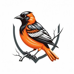 Vibrant Orange and Black Bird Logo Illustration Perched on a Branch with Abstract Grey Elements
