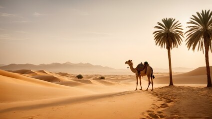 Camel in the Egyptian desert, with palm trees