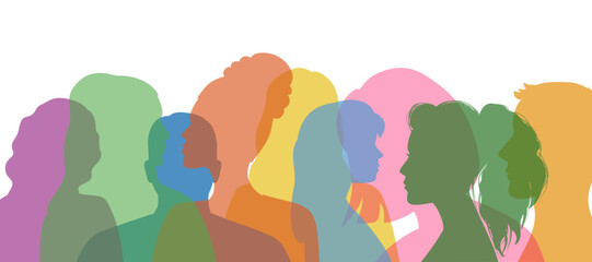 Man and woman group diversity profile silhouettes. Transparent multi-colored silhouettes of people. Community of colleagues or employees. Family relationships. Vector flat illustration - obrazy, fototapety, plakaty