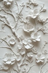 Simple modern design subtle, minimalist botanical relief, textured art made of plaster.