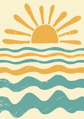 abstract summer landscape, sea, sun, waves. Paradise vacation in nature, the ocean in a minimalist retro style. hand drawn poster, banner, background. for printing, wall art. art illustration.
