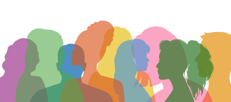 Man and woman group diversity profile silhouettes. Transparent multi-colored silhouettes of people. Community of colleagues or employees. Family relationships. Vector flat illustration