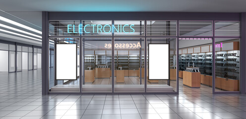 Electronics store facade with glass storefront and neon signs, blank glowing signboard mockup, mobile phones display showcases inside. 3d illustration - obrazy, fototapety, plakaty