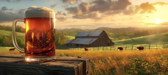 Farm Fresh Brew, Craft Beer Mug Amid Rural Scenery