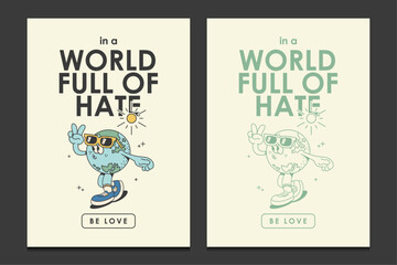 retro posters with earth cartoon mascot character, vector illustration