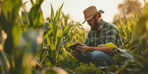 Naklejka na ściany i meble A hardworking farmer in a sun hat tends to his cash crop of corn while sitting amidst the peaceful nature, using a tablet to monitor the growth of his plants