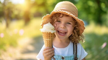 A Joyful Youngster Savors a Waffle Cone on a Summer Stroll