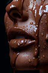 a woman with a chocolate face mask. The whole face is covered in chocolate