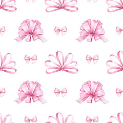 Festive seamless pattern with bows and ribbons .Watercolor hand painted background with pink bows.