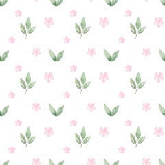 Simply floral pattern. Watercolor hand painted seamless pattern with pink flowers and green leaves.
