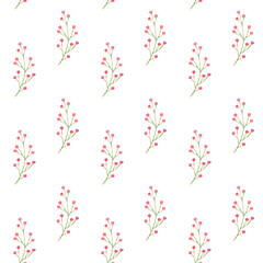 Simply floral pattern. Watercolor hand painted seamless pattern with pink flowers and green leaves.