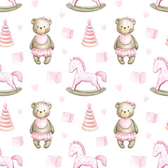 Cute baby seamless pattern with teddy bear. Watercolor hand painted background for baby textile, baby shower, clothes.