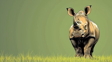  a drawing of a rhinoceros standing in a field of grass with its head turned to the side, with the rhinoceros facing away from the camera.