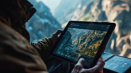 A tablet screen with a location-based authentication prompt against the background of a mountain range, symbolizing the elevation of security through geographical verification. - obrazy, fototapety, plakaty