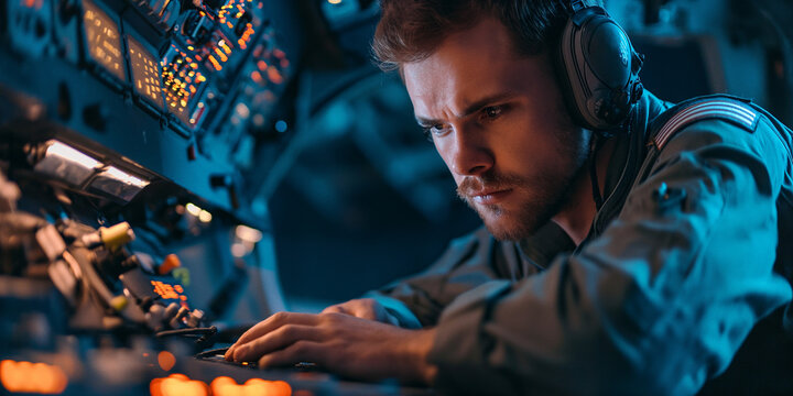 A 35-year-old man with headphones gazes intently at the control panel, his human face displaying a mix of concentration and determination, his clothing reflecting a professional yet casual style as h