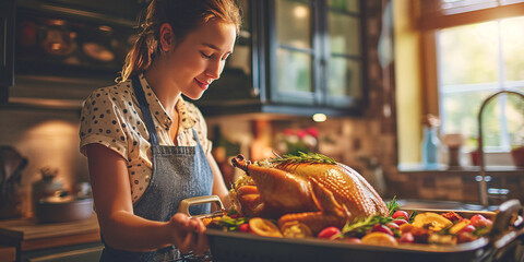 A local woman prepares a feast in her kitchen, dressed in her finest clothing, surrounded by a bountiful spread of fresh fruits and vegetables, showcasing the beauty and diversity of the food group w