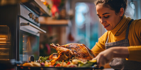 A stylish woman, dressed in her best clothing, gazes at a plump and delicious turkey, perhaps contemplating the warmth and comfort of a home-cooked meal at her favorite restaurant - obrazy, fototapety, plakaty