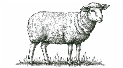  a black and white drawing of a sheep standing in a grass field with its head turned to the side, looking at the camera, with a slightly to the left.