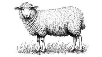  a black and white drawing of a sheep standing in a field of grass with its head turned to the side, looking at the camera, with a white background.
