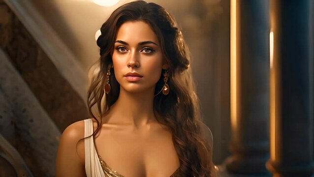 A beautiful Greek goddess or priestess in an ancient temple