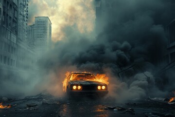 Capturing The Intense City Disaster: Smoky Car In Perfect Symmetry - Centered With Copy Space