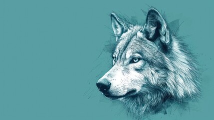 a drawing of a wolf's head on a blue background with a black and white drawing of a wolf's head on the left side of the wolf's head.