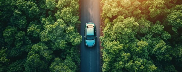 Aerial view of car driving on road in the forest at sunset