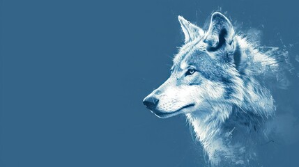  a close up of a wolf's face on a blue background with a blurry image of the wolf's head on the left side of the image.