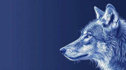  a close up of a wolf's head on a blue background with a blurry image of the wolf's head on the left side of the wolf's head.