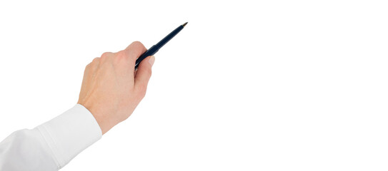 Woman hand , pen, hand pointing on virtual object via pen , isolated on white background. Copy space for text. Banner.